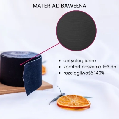 Zbliżenie na naturalną bawełnę w tejpach 5e FACE w kolorze czarnym.